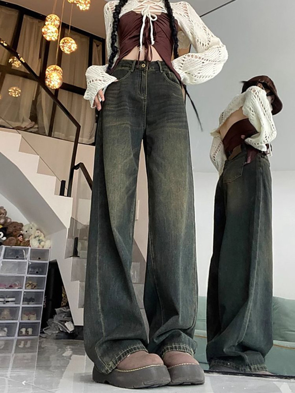复古蓝阔腿牛仔裤女秋季新款梨形身材胖mm宽松大码显瘦垂感直筒裤|undefined