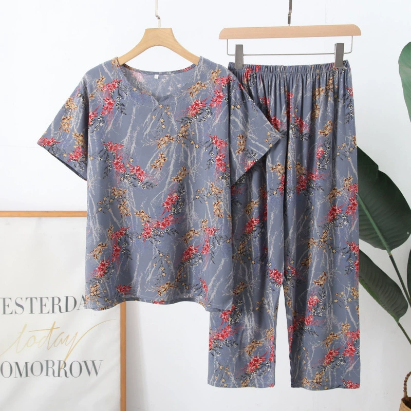 Летние хлопковые шелковые пижамы с короткими рукавами и цветочным принтом для женщин и мам среднего и пожилого возраста, тонкие брюки, летний свободный комплект домашней одежды