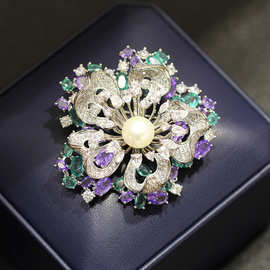 新品高档微镶锆石双层玫瑰花胸针大气轻奢花卉胸花淡水珍珠别针女