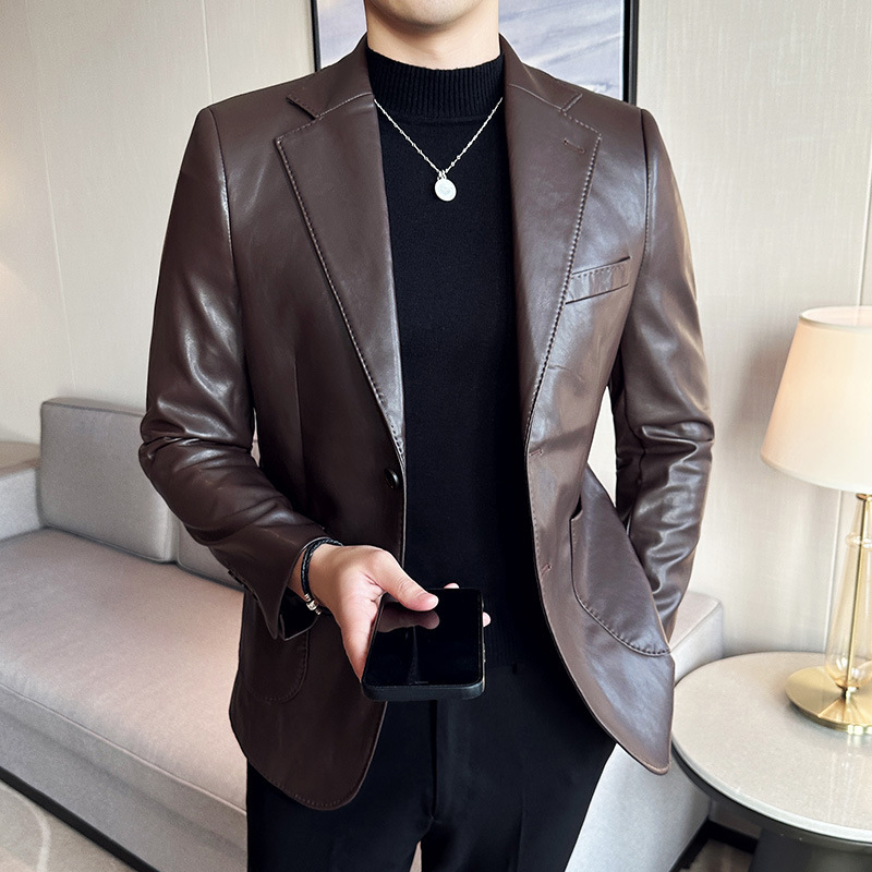 Men's Autumn and Winter Fashion Brand Quality Korean-Style Slim-Fit Faux Leather Men's Solid Color Casual Suit Pu Leather Blazer