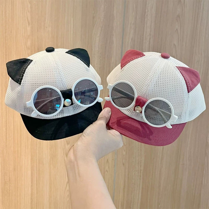 ベビー帽子夏薄いメッシュ猫野球帽男性と女性のためのベビーサンハット幼児と幼児のひさし付きキャップとサングラス|undefined