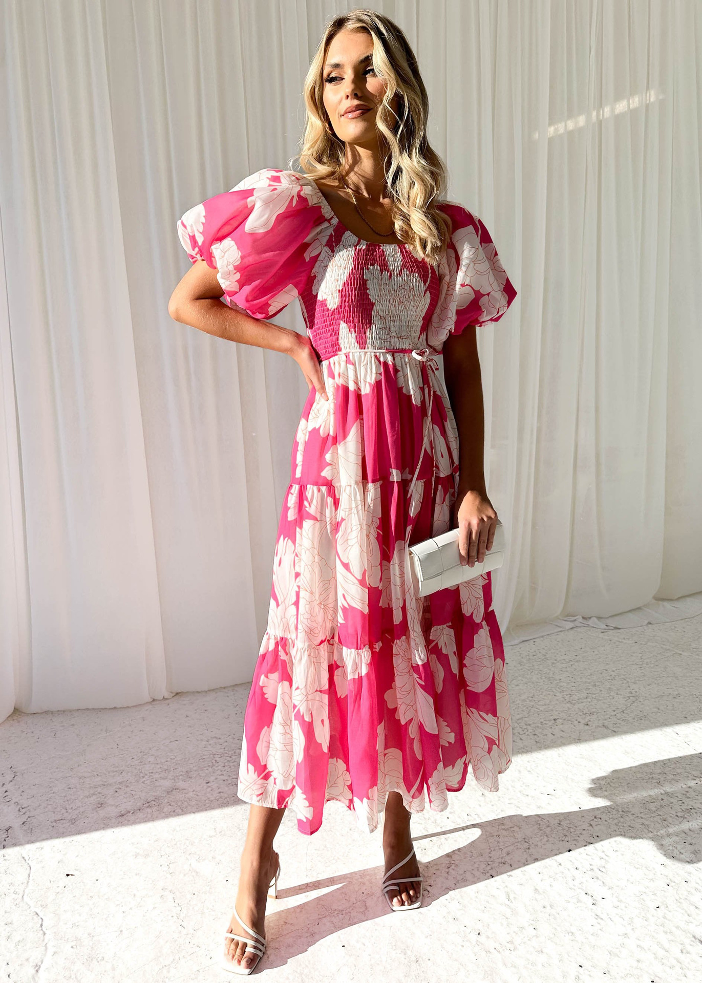 266g Weight Maxi Long Dress Dress Length Type Short Sleeve Sleeve Length Swing Dress Dresses Type Puff Sleeve Sleeve Type Polyester Fabric Type High Waist Waist Line Holiday, Daily Occasion Off Shoulder Neckline Slim Fit Type Flower Pattern Spring Season Women's Gender Printing Design Elegant, Pastoral Style Wholesale Women's Elegant Pastoral Printing Flower Holiday Daily Off Shoulder Short Sleeve Swing Dress 8