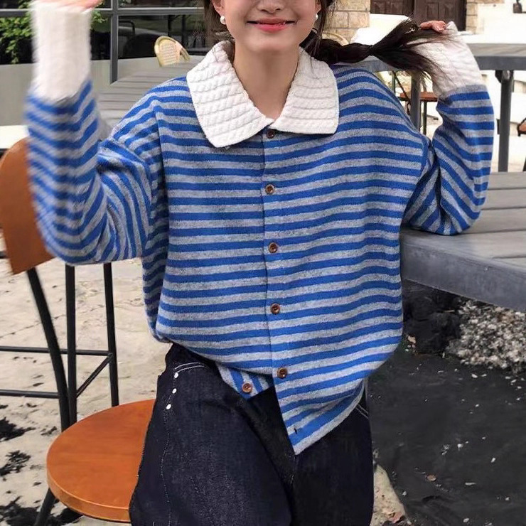 拼色条纹polo领长袖毛衣女针织衫秋冬新款休闲慵懒风宽松长袖外套|undefined