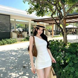 TZ7616纯欲风斜肩不规则无袖T恤女夏季修身显瘦设计感中长款上衣