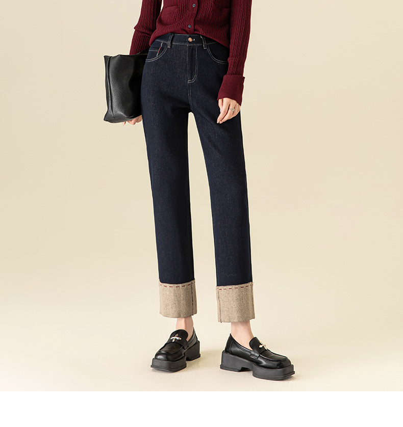Quần jean nữ ống đứng dáng suông mùa đông Xinge – kiểu ống hút thon gọn — Xanh denim chi tiết 7