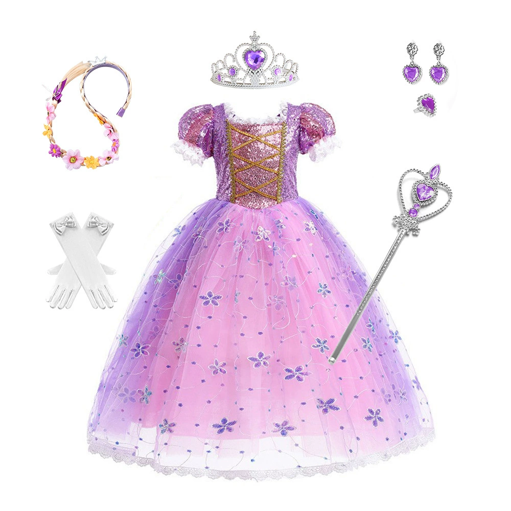 Трансграничная Внешняя торговля детские длинные волосы платье принцессы платье Хэллоуин платье девушки фиолетовый тюль платье