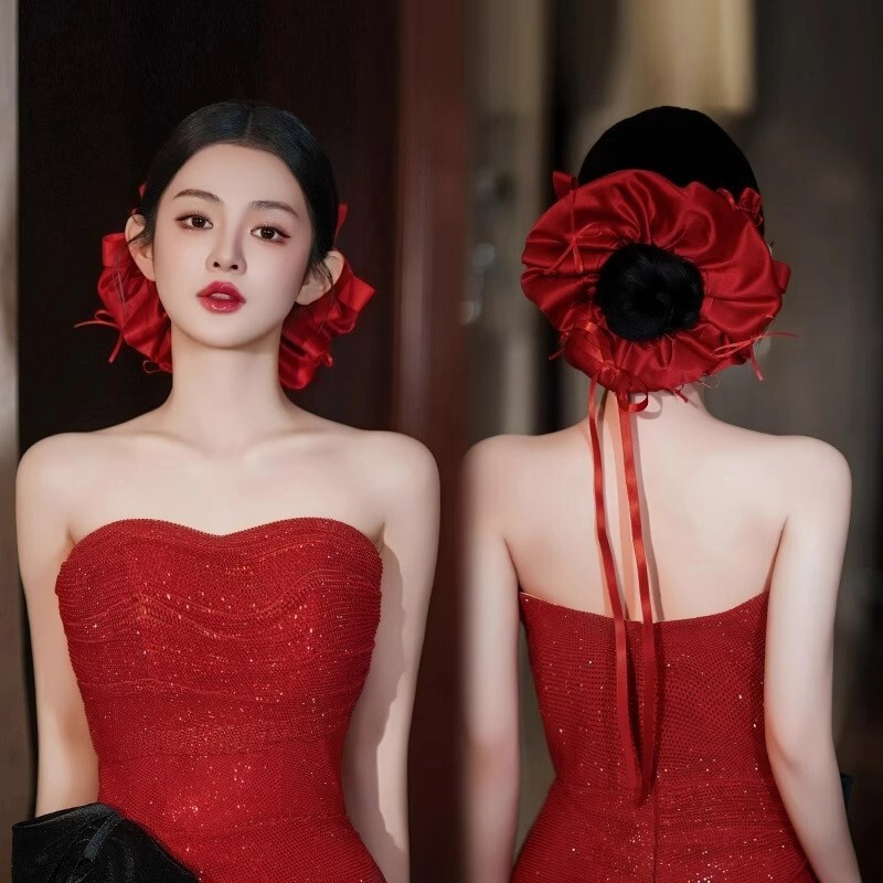 Korean Sweet Bow Ribbon Burgundy Satin Hair Tie High Fashion Bridal Toast Dress Headdress Korean Sweet Bow Ribbon Burgundy Satin Hair Tie High Fashion Bridal Toast Dress Headdress