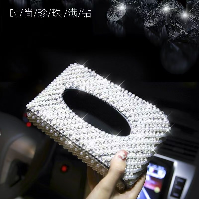 Car interior tissue box, pearl napkin holder for women, car interior decoration, seat-mounted tissue box, tissue cover