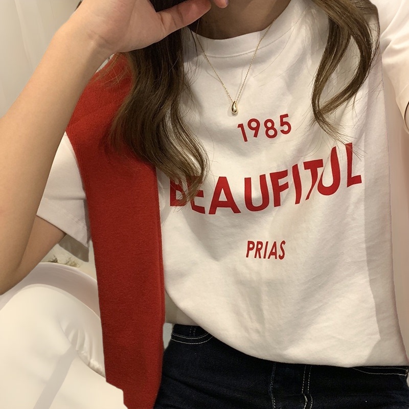 Short-Sleeved T-Shirt for Women Ins Trendy Pure Cotton 2025 New Loose Half-Sleeved T-Shirt Summer White Top with Stereo Printing