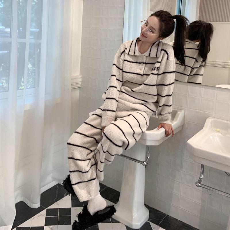 半边绒睡衣套装带兜条纹秋冬新款保暖家居服宽松显瘦加绒冬季加厚|undefined