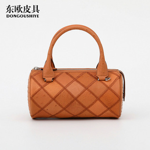 25 Cross-Border Ostrich Leather Embroidered Pen Holder Women's Bag Rhombus Cylinder Bag Women's Handbag Genuine Leather Pillow Bag Wholesale