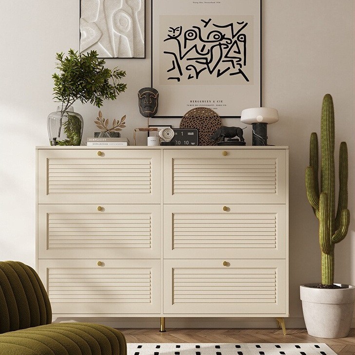 Household Door Entrance Small Narrow Shoe Cabinet Storage Cabinet Integrated Wall Indoor Solid Wood Ultra-thin Shoe Cabinet Cream Style