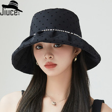 韩版小香风双层包纱珍珠渔夫帽女神优雅气质时尚防晒大沿遮阳帽子