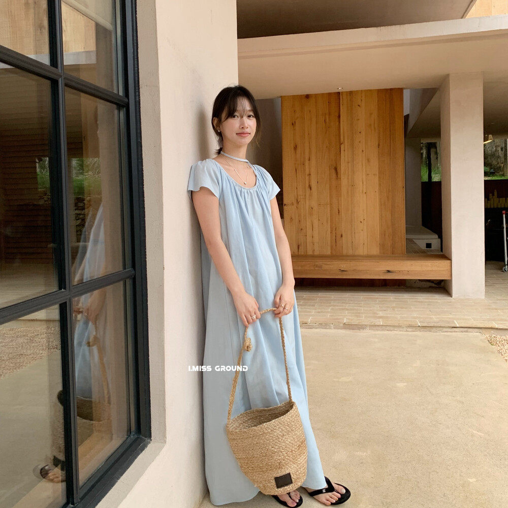 Đầm maxi nữ thắt eo chất liệu tencel linen phong cách nghỉ dưỡng Hàn Quốc — xanh đậm, màu sắc, màu hồng, dưa lưới