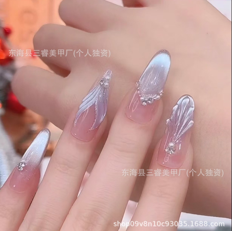 Purple Ji mermaid pure hand-worn armor French cat eye bubble three-dimensional pearl high-grade white nail art patch wholesale