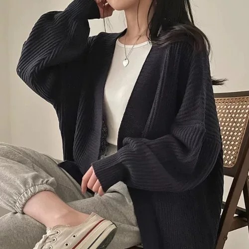 2025新款简约针织开衫纯色慵懒宽松休闲百搭中长款毛衣外套女秋冬|undefined