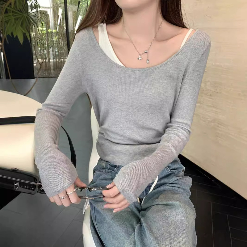 Minghai Wool-Blend Knitted Long-Sleeve Sweater 2026 Spring New Korean Style Loose Color-Block Faux Two-Piece Ruched Top Minghai Wool-Blend Knitted Long-Sleeve Sweater 2026 Spring New Korean Style Loose Color-Block Faux Two-Piece Ruched Top