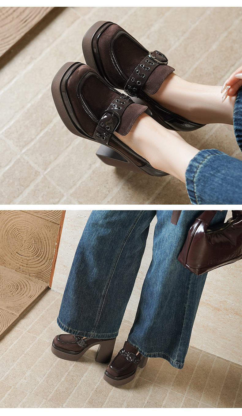 Giày loafer nữ gót vuông cao 12 cm, đế dày, khóa kim loại, phối màu — màu nâu, màu đen chi tiết 4