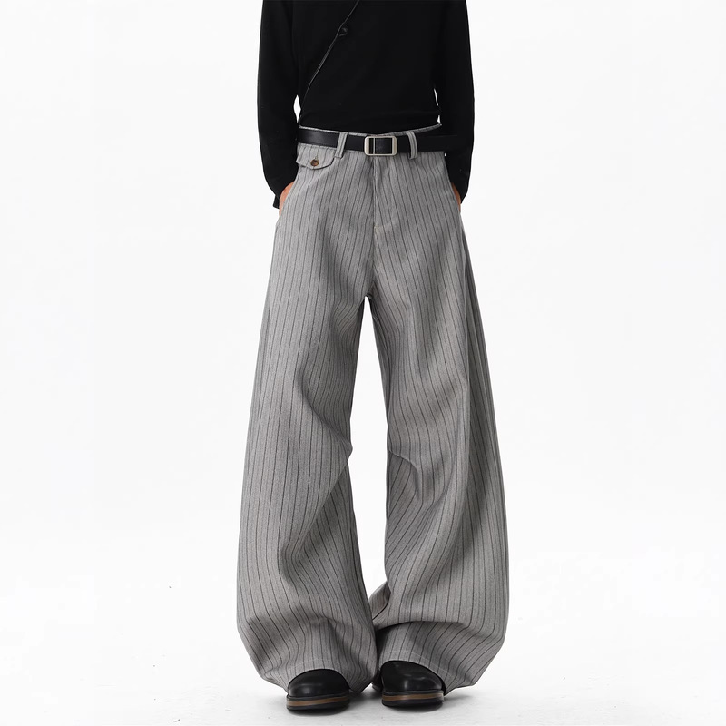 American Old Money Style Striped Dress Pants for Men, Trendy Brand, Loose Fit Casual Pants, Autumn and Winter Vintage Pleated Wide-Leg Dress Pants