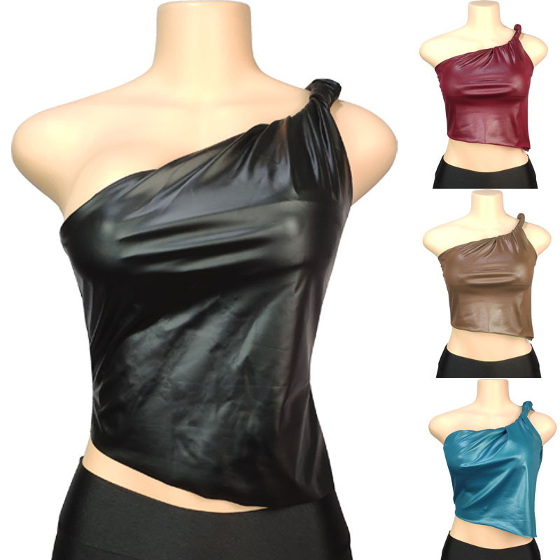 Cross-Border Aliexpress European and American Women's 2025 Spring and Autumn Faux Leather Matte One-Shoulder Waist-Cinching Asymmetrical Sleeveless Tank Top