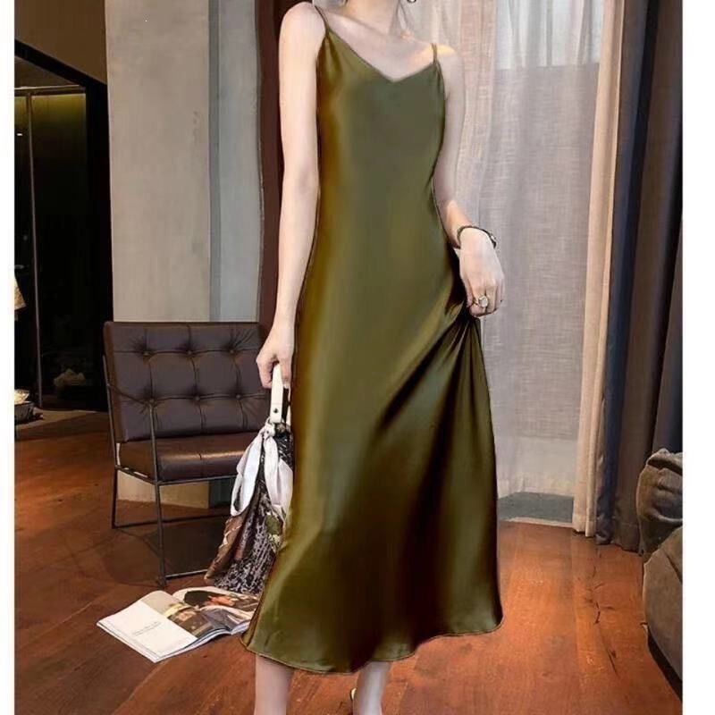 2026 Summer Trendy Women's New Fashion Imitation Triacetate Long Satin Slip Dress in Champagne and Peacock Blue 2026 Summer Trendy Women's New Fashion Imitation Triacetate Long Satin Slip Dress in Champagne and Peacock Blue