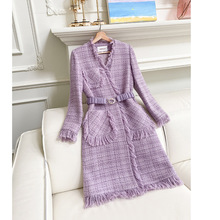 紫色小香風羊毛毛呢中長款流蘇大衣女裝給外套時尚系帶風衣91311