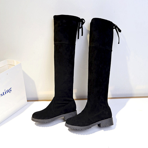 Plus-size women's boots—autumn/winter new Korean-style round-toe chunky-heeled suede fashion fleece-lined over-the-knee long boots for women