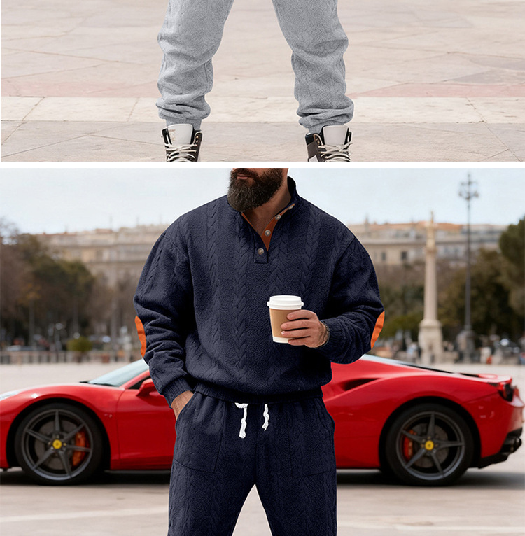 Men's Clothing Men's Casual Trousers Suit Heavy Texture Pattern Trend Stand Collar Henry Sweatshirt Style Autumn Winter Loose Fit_viptrois.com