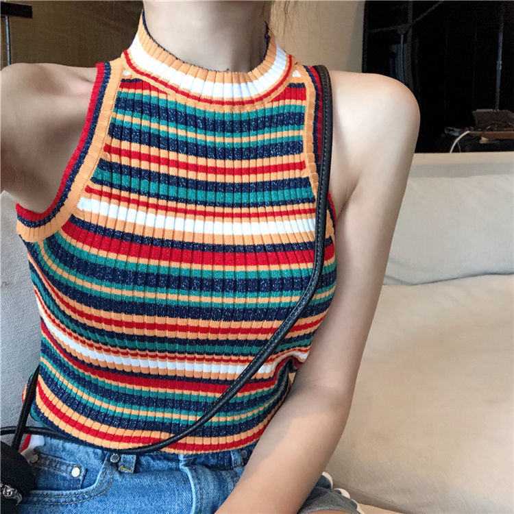 Short halter rainbow striped sleeveless knitted camisole 2024 New Korean style fashionable outerwear top for women