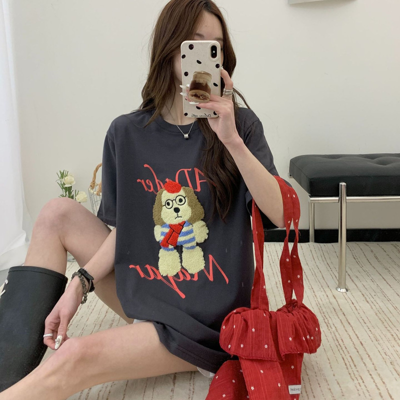 2026 Spring and Summer New Style T-Shirt for Women with Towel Embroidery Cartoon Puppy Design, Unisex Couple T-Shirt, Loose Casual Round Neck Short Sleeve Trendy 2026 Spring and Summer New Style T-Shirt for Women with Towel Embroidery Cartoon Puppy Design, Unisex Couple T-Shirt, Loose Casual Round Neck Short Sleeve Trendy