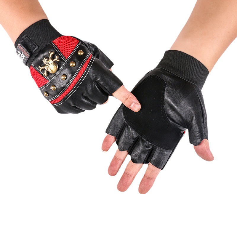 Nuevos hombres y mujeres guantes de medio dedo remache cráneo transpirable pu cuero al aire libre ciclismo deportes fitness dedo guantes de fuga