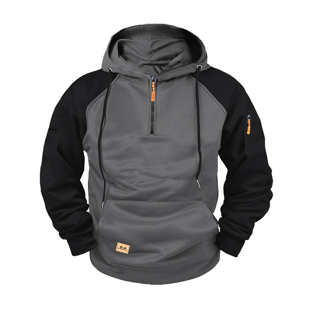 Men's Colour Block Hooded Half-zip Pullover With Kangaroo Pocket_voghion.com