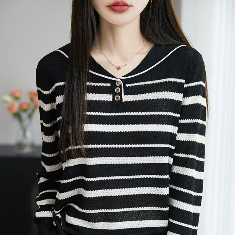 Spring and Summer New Women's Knitwear Navy Collar Polo Needle Ice Silk Striped Loose Contrast Color Long-Sleeved Top for Women
