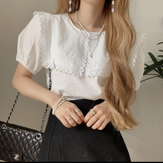 South Korea Chic Summer New French Retro Niche Short Sleeve Top Color Contrast Large Lace Navy Collar Shirt South Korea Chic Summer New French Retro Niche Short Sleeve Top Color Contrast Large Lace Navy Collar Shirt