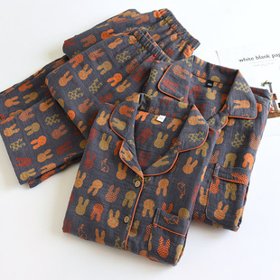 Double-layer gauze couple pajamas suit skin-friendly cotton women's casual long-sleeved cardigan two-piece printed loose home wear
