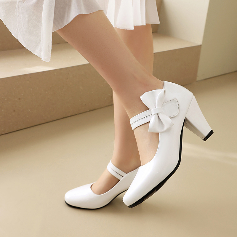 New Foreign Trade Women's Shoes, Round Toe, Bowknot, Cute, Solid Color, Chunky High Heels, Sweet Style, Large Size High Heels, Commuter Fashion New Foreign Trade Women's Shoes, Round Toe, Bowknot, Cute, Solid Color, Chunky High Heels, Sweet Style, Large Size High Heels, Commuter Fashion