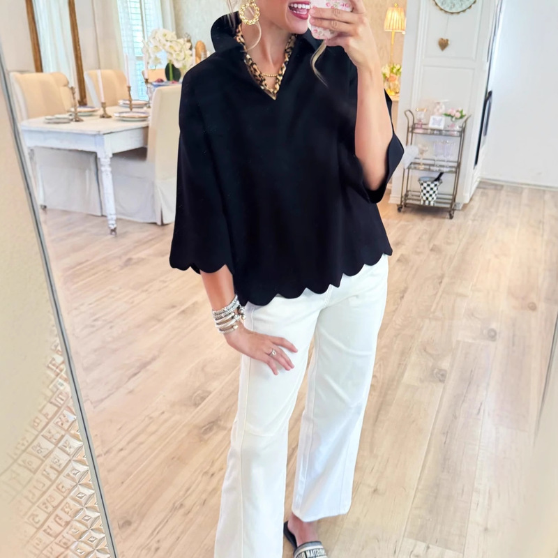 European and American Cross-Border 2025 Fashion New Women's Solid Color Pullover V-Neck Loose Casual Scalloped Edge Detail Top