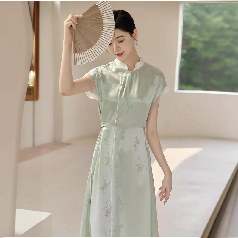 New Chinese-Style Morning Gown, Improved Hanfu Cheongsam Dress, 2024 Summer Stand-Collar Sleeveless National Style Dress for Women, National Trend Style