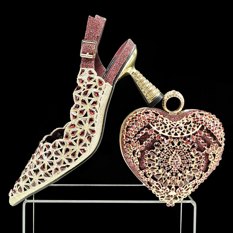 Full Rhinestone Hollow-Out Pointed-Toe Women's Shoes with Back Strap, Matching Heart-Shaped Full Rhinestone Evening Bag, Wedding Shoe and Bag Set, Cross-Border
