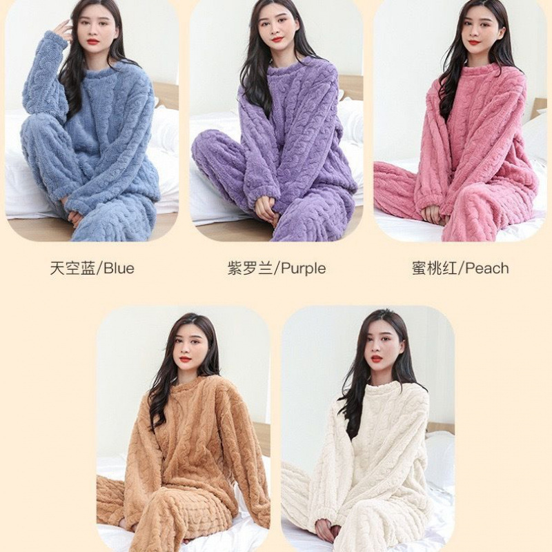 New autumn and winter coral fleece solid-color jacquard warm loungewear set for women, suitable for casual wear and can be worn as pajamas