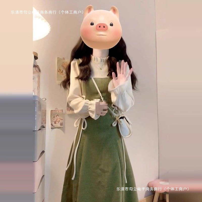 法式假两件绿色连衣裙子女春秋季2025新款今年流行感长裙|undefined