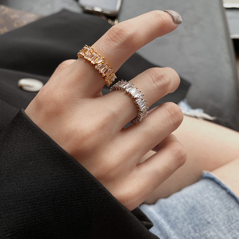 fashion ladder cubic zirconia light luxury ring female fashion copper zircon ring female