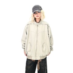 跨境美式复古机车风立领夹克女2025新款街头宽松休闲工装外套上衣