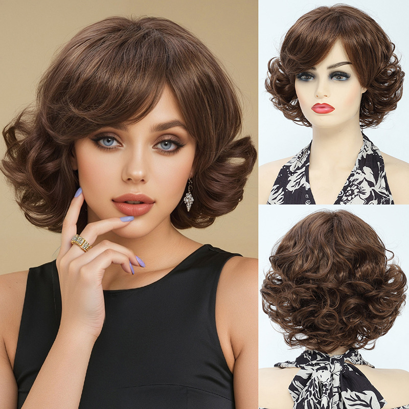 2026 New Dark Brown Pear Blossom Style European and American Wig for Women, Fashionable Short Side-Swept Bangs Synthetic Hair Wig