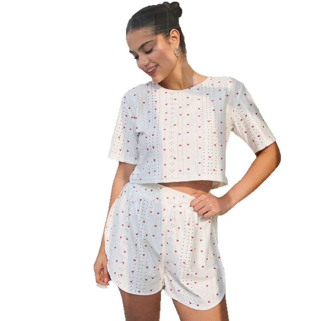 Pijamas europeos y americanos transfronterizos pantalones cortos con aberturas de manga corta con estampado de punto transpirable de verano