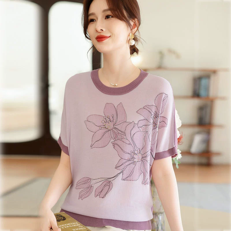 Мама летняя футболка с короткими рукавами, свободная, с круглым вырезом, шелковая рубашка, средняя и пожилая женщина, летняя трикотажная рубашка
