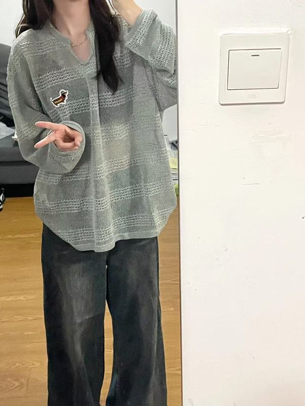 腊肠狗刺绣镂空长袖t恤女春秋宽松慵懒风防晒罩衫设计感小众上衣|undefined