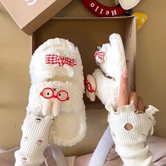 可爱蝴蝶结兔子一字拖鞋女外穿2025年秋冬季新款百搭休闲毛毛拖鞋