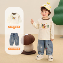 咔咔熊猫男童长袖t恤牛仔裤套装儿童冬装婴儿秋冬衣服宝宝童装潮