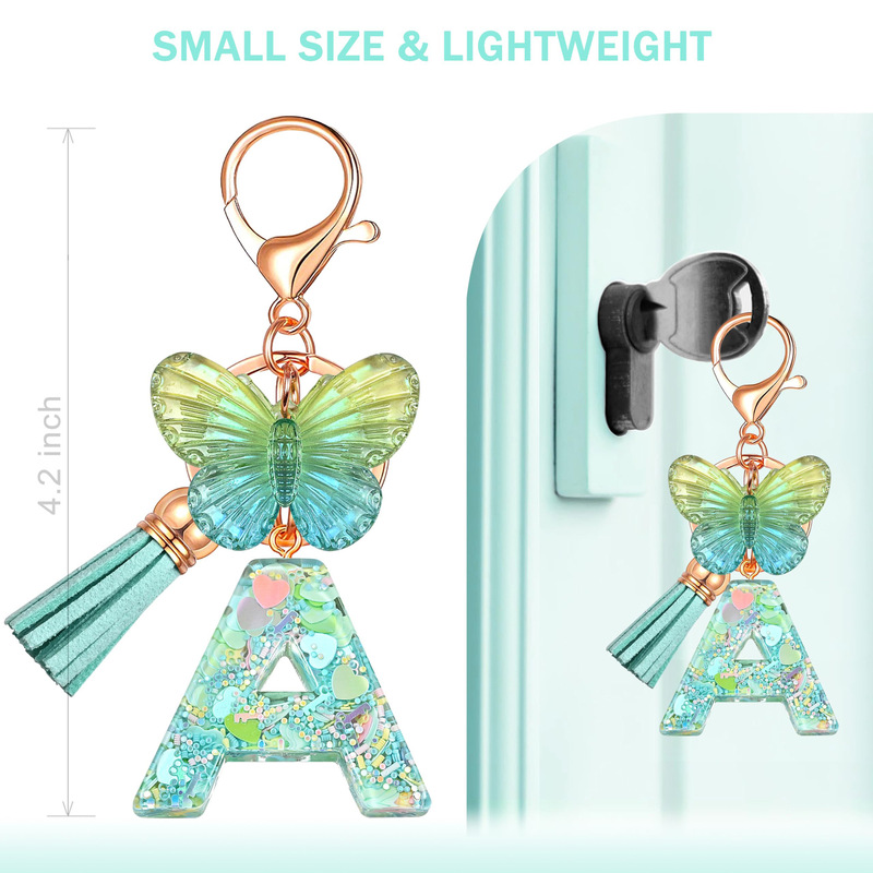 New Resin Letter Keychain Light Green English Sequin Glue Butterfly Jewelry Crystal Key Chain Tassel Pendant